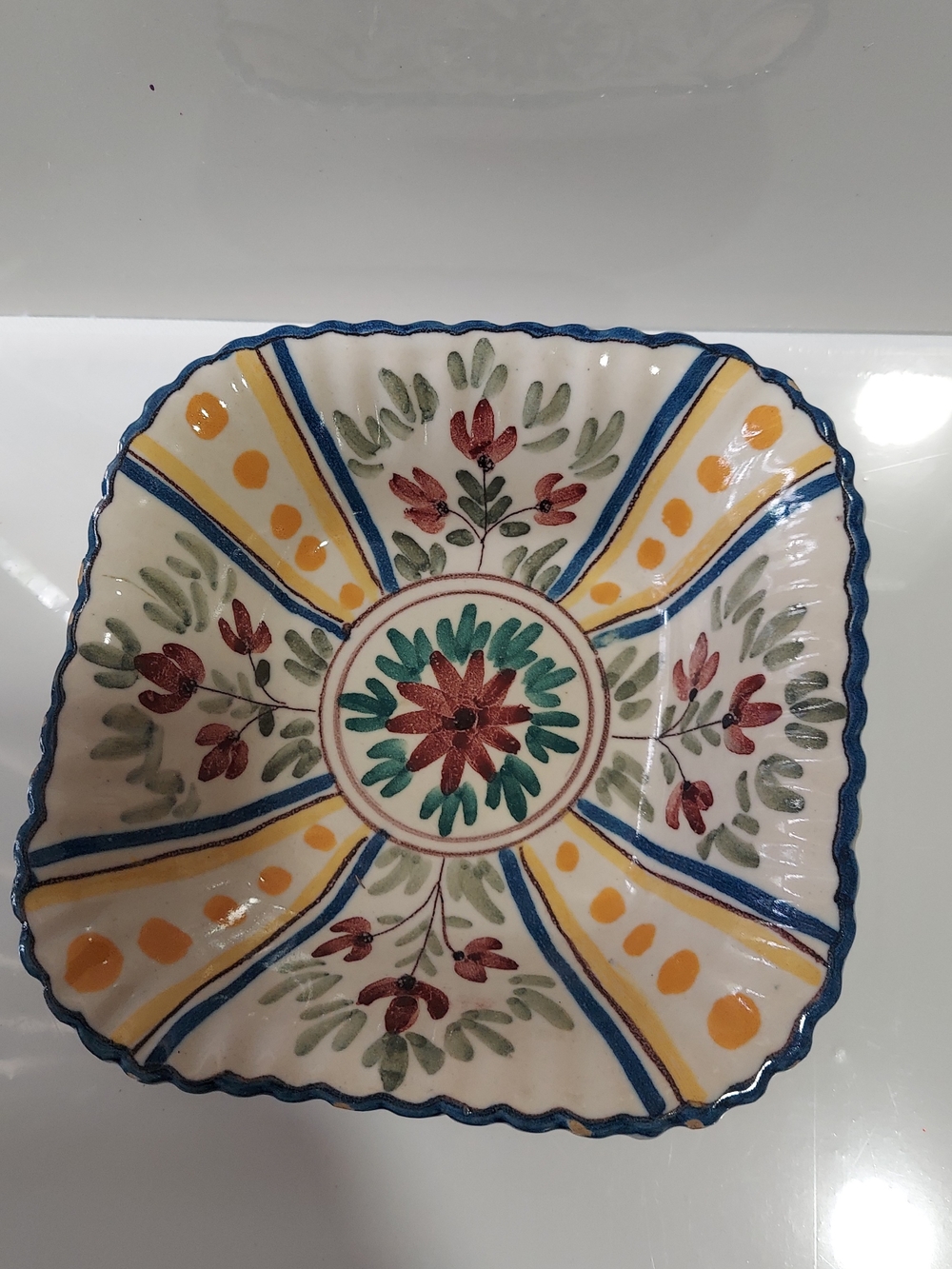 Hand-Painted Floral Ceramic Serving Bowl - Yellow, Blue, Green